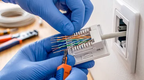 Technician terminating structured network cabling