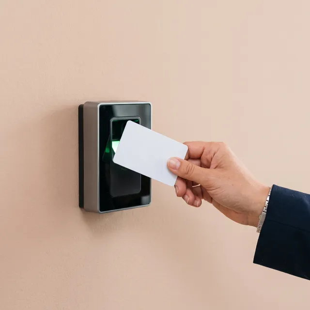 Employee badging in at an access-control reader