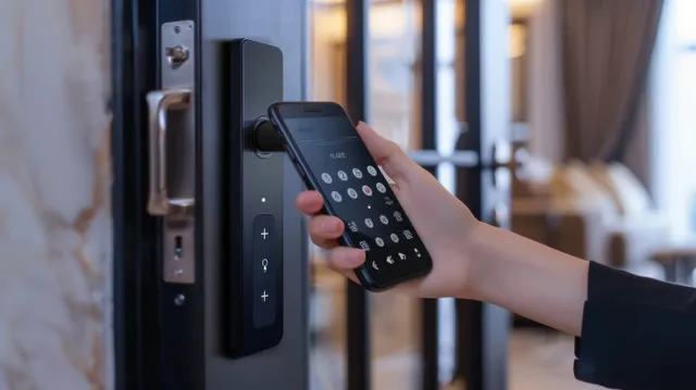 Homeowner unlocking a smart lock with a phone